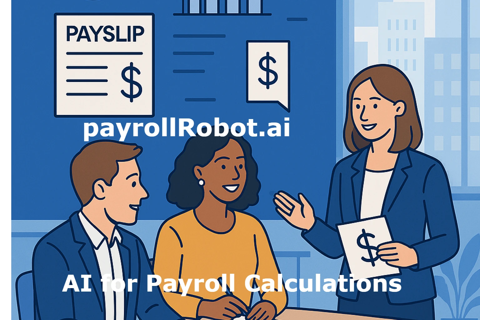 People in a modern office setting with graphics illustrating AI for payroll calculations.