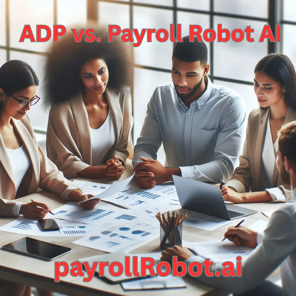 A digital visualization comparing ADP vs. Payroll Robot AI in payroll automation efficiency.