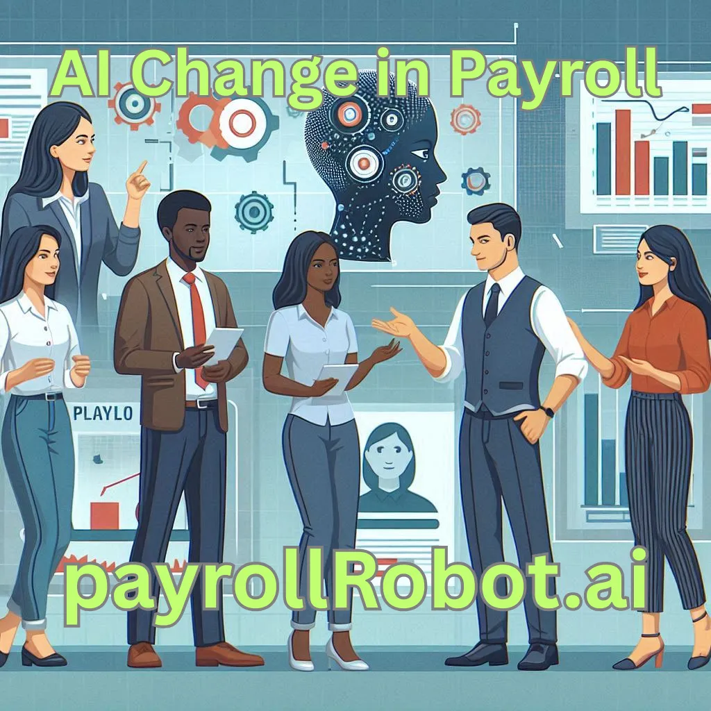 Illustration representing AI Change in Payroll processes, showcasing payroll orchestration, chatbots, and call agents in action.