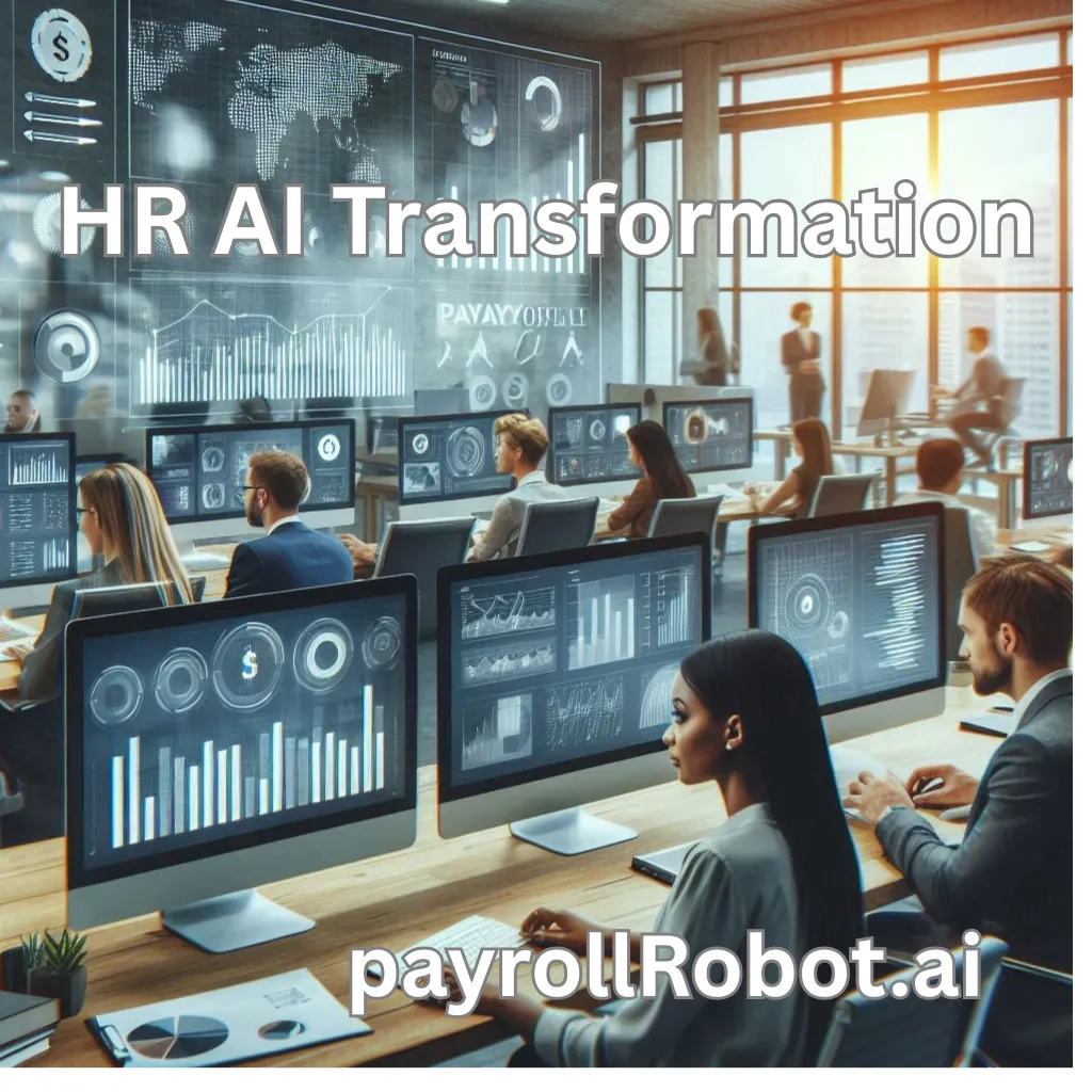 A vibrant depiction of HR AI Transformation showcasing innovative tools like payroll orchestration, chatbots, and call agents revolutionizing workforce management.