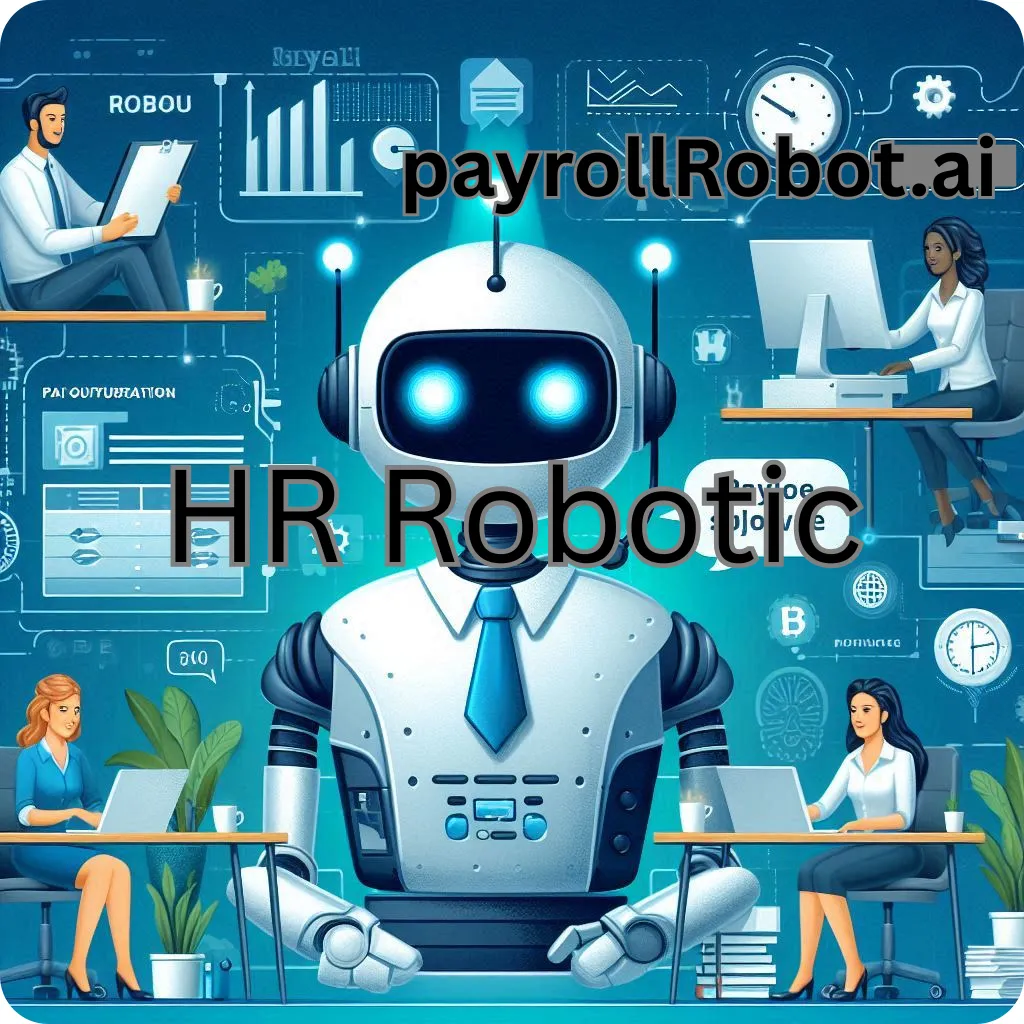 An innovative depiction of HR Robotic showcasing AI-powered tools like payroll orchestration, chatbots, and call agents revolutionizing human resource management.