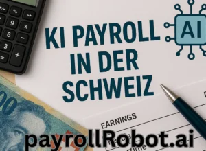 Eine stilisierte Darstellung der KI-gestützten Lohnabrechnung in der Schweiz mit digitalen Elementen, die Automatisierung und Effizienz symbolisieren.