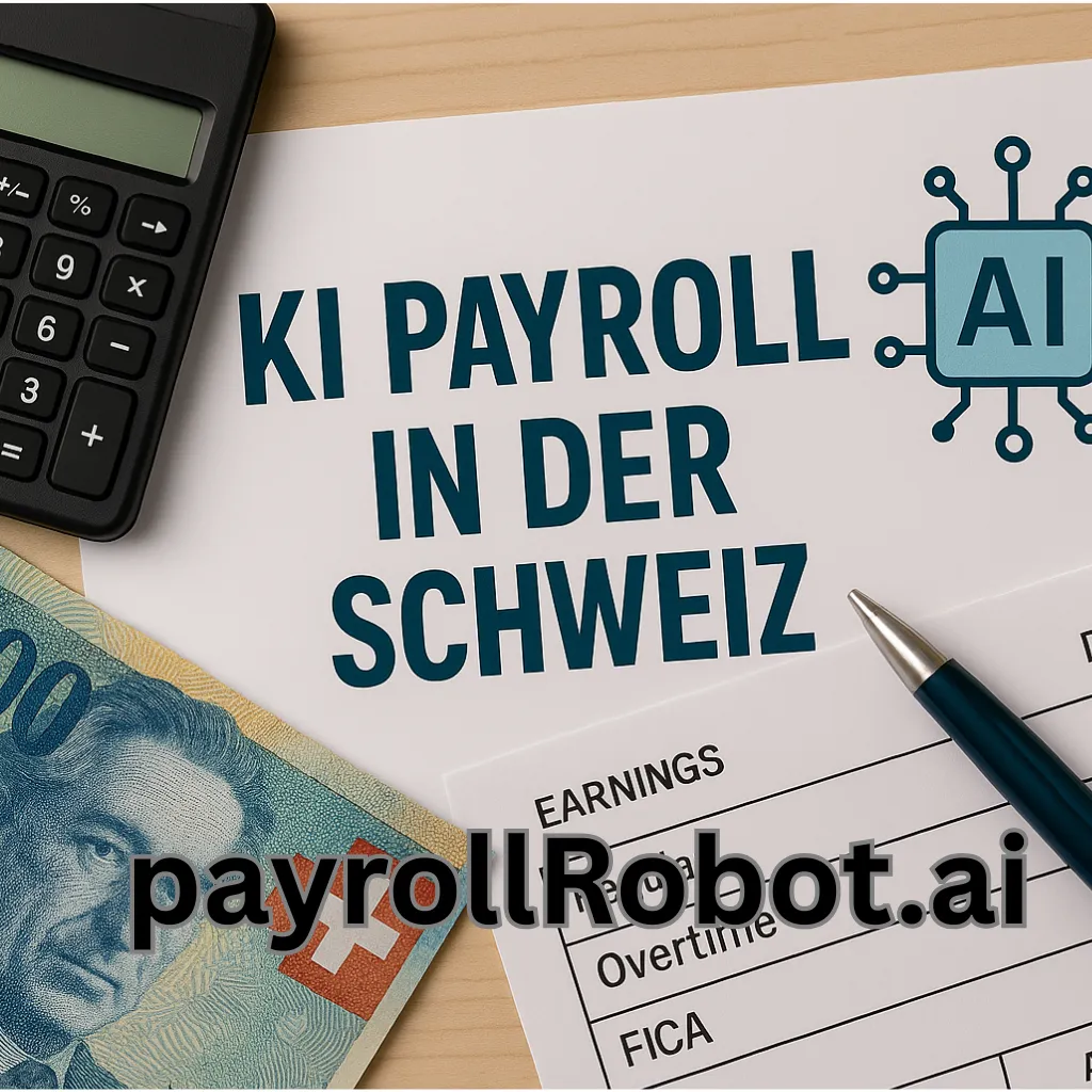 Eine stilisierte Darstellung der KI-gestützten Lohnabrechnung in der Schweiz mit digitalen Elementen, die Automatisierung und Effizienz symbolisieren.