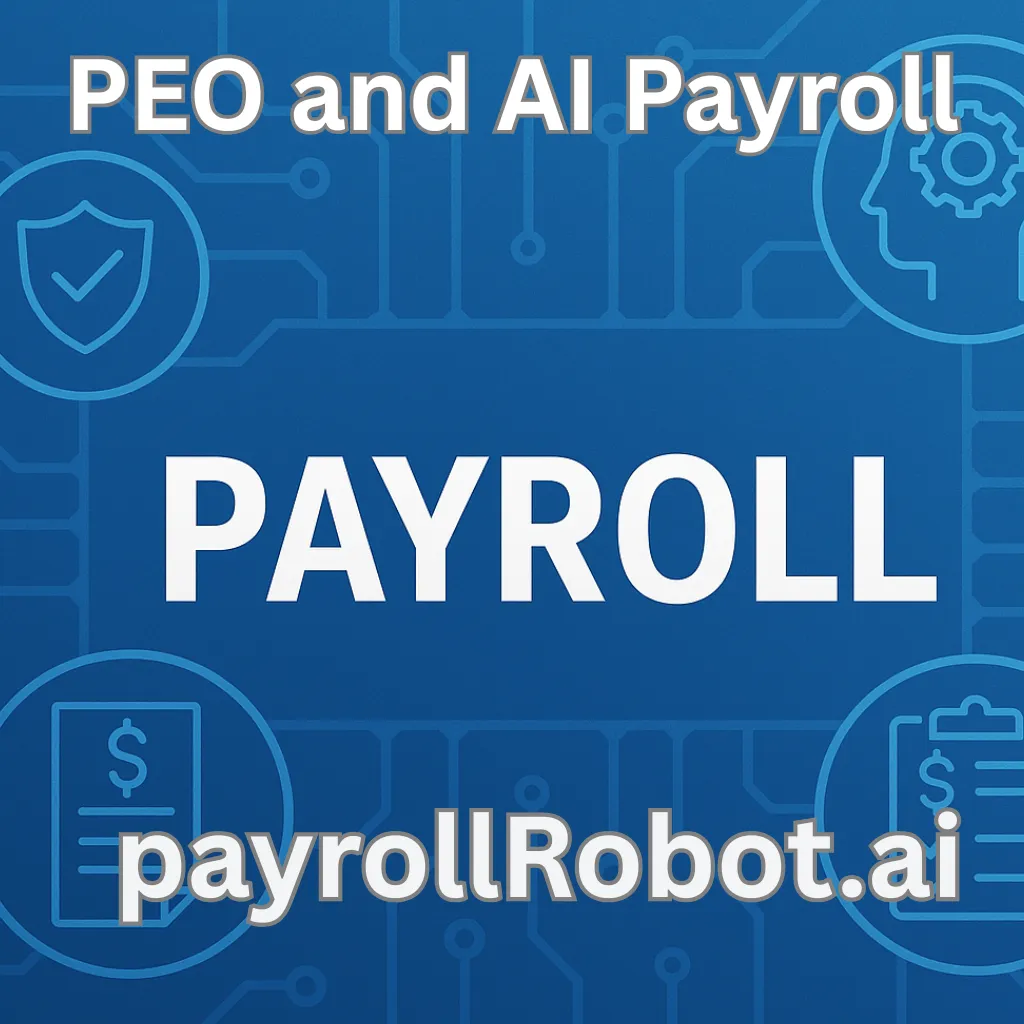Illustration of PEO and AI Payroll integration optimizing workforce management with automation tools like chatbots and payroll call agents
