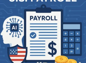 A professional illustration depicting the concept of payroll processing in the United States, featuring financial documents, dollar signs, and an employee payment system.