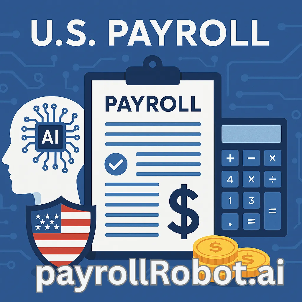 A professional illustration depicting the concept of payroll processing in the United States, featuring financial documents, dollar signs, and an employee payment system.